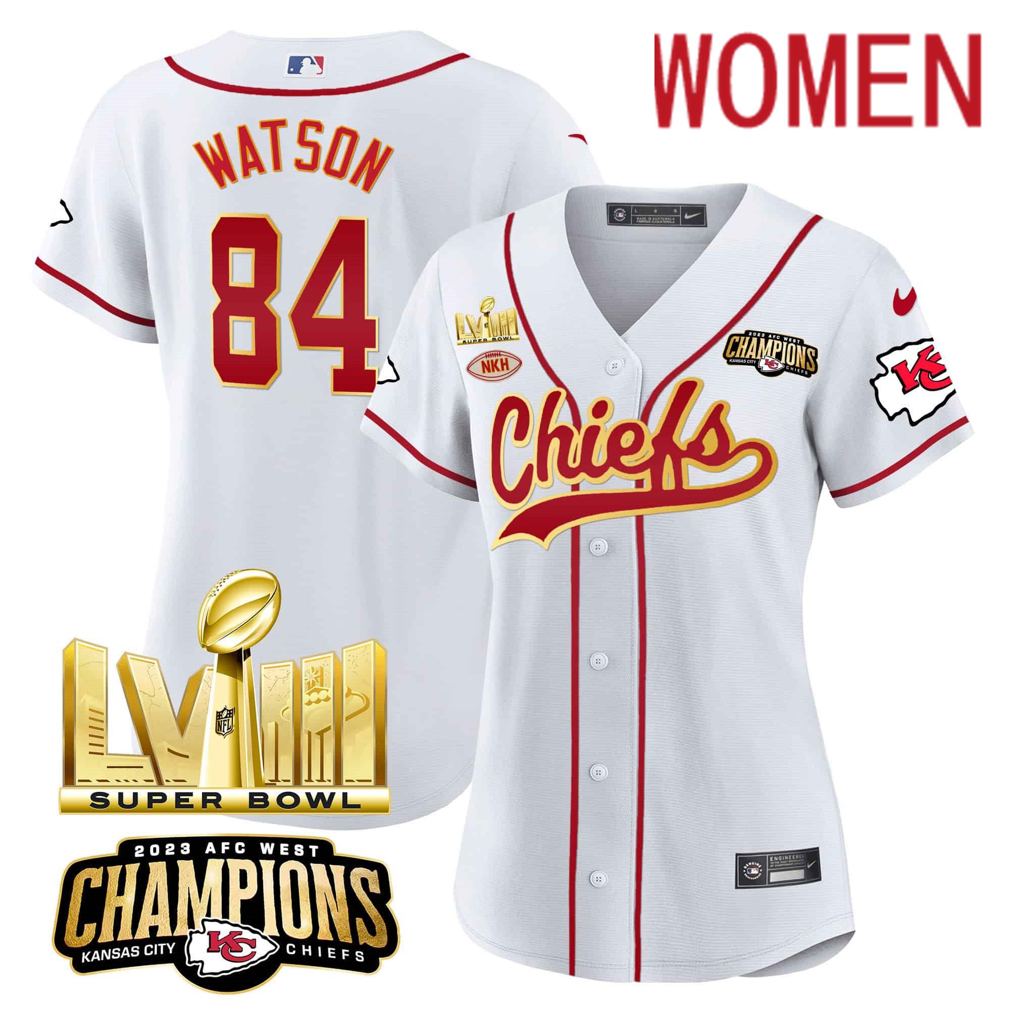 Women Kansas City Chiefs #84 Watson White 2024 Nike Super Bowl LVIII Back-2-Back Gold Patch Baseball NFL Jersey->customized nfl jersey->Custom Jersey